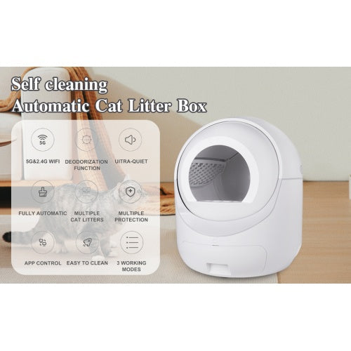 White smart automatic cat litter box with app control, self-cleaning, deodorization, and quiet operation features