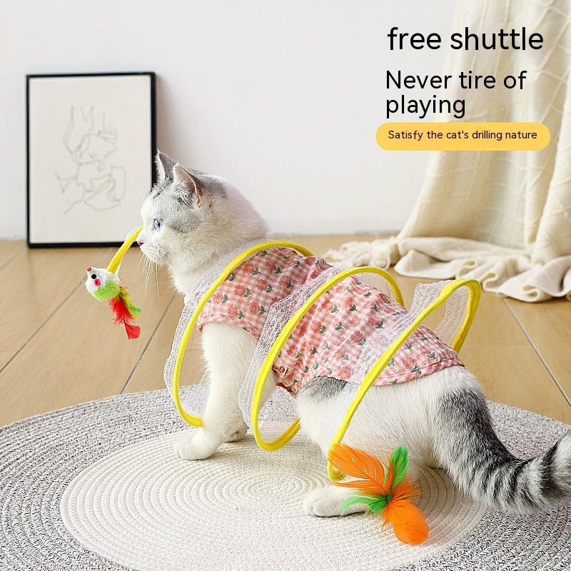 Cat playing with S type foldable spring tunnel toy with mouse and feather, indoor interactive cat supplies.