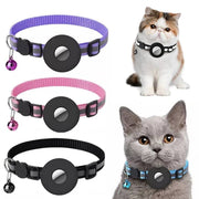 Adjustable reflective nylon pet collars with waterproof AirTag holders, available in purple, pink, and black for cats and dogs.