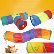 Colorful rainbow cat tunnel set with three foldable interactive play tubes for cats, including dangling ball toy and multiple openings.