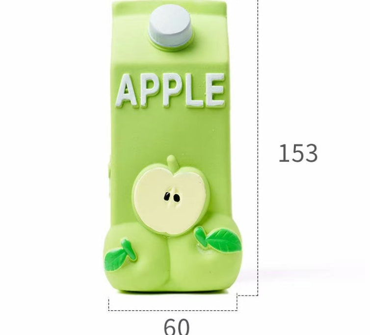 Green latex dog toy shaped like a floating apple beverage bottle, chew-resistant and measures 153mm by 60mm.