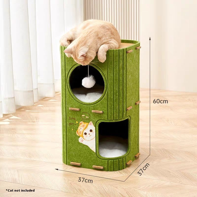 Green double-layer felt cat scratch nest with climbing frame and two openings, suitable for multiple cats.