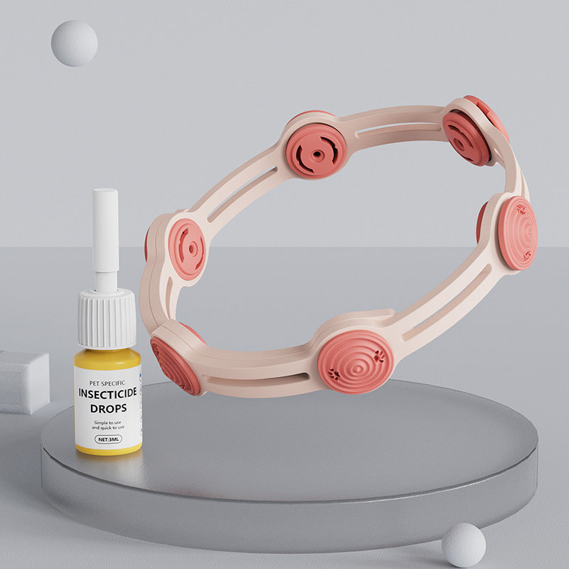 Pink and beige adjustable POT N PET™ anti-flea collar with insect repellent drops, safe for sensitive skin pets.