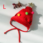 Load image into Gallery viewer, Red Christmas hat for pets with colorful pom-poms, gold star, and adjustable straps for dogs and cats.
