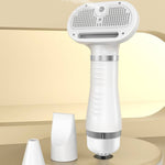 Load image into Gallery viewer, White pet air dryer with hot spray and hair removal attachments for quiet, fast drying of dogs and cats.
