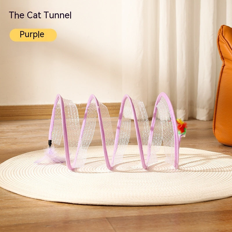 Purple foldable S type cat tunnel toy with mouse and feather for interactive indoor and outdoor play