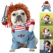 Small dog wearing adjustable Halloween costume with red wig, striped shirt, overalls, and toy knife for cosplay parties.