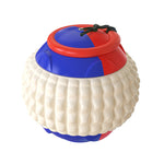 Load image into Gallery viewer, Colorful dog chew ball with textured teeth-cleaning surface and attached black draw rope for tug training play

