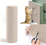Load image into Gallery viewer, Roll of beige self-adhesive cat scratcher carpet being cut and applied to sofa arm to protect furniture from cat claws.
