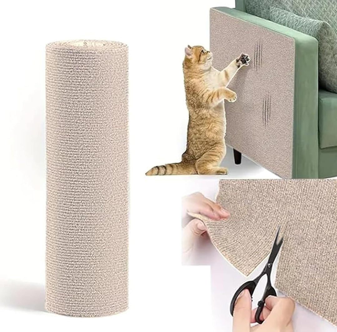 Roll of beige self-adhesive cat scratcher carpet being cut and applied to sofa arm to protect furniture from cat claws.