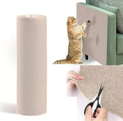 Beige Cat Scratcher Sofa Protector roll shown with cat scratching sofa and close-up of cutting the trimmable carpet board.