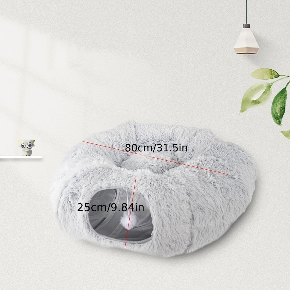 Foldable winter cat tunnel nest in soft plush with 80cm diameter and 25cm entrance for cats and small pets.