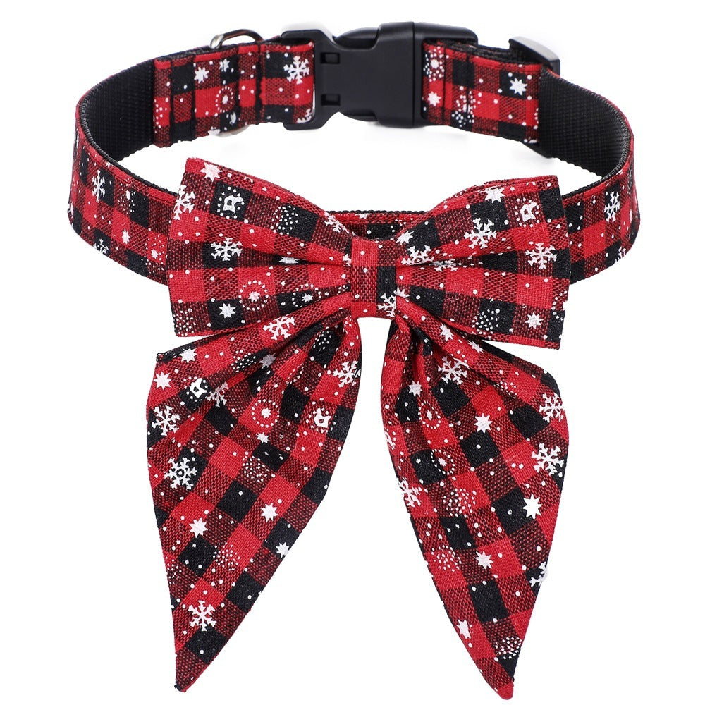 Adjustable red and black plaid dog collar with festive snowflake Christmas bow tie for small to large dogs