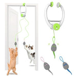 Load image into Gallery viewer, Battery powered interactive cat toy with colorful hanging mouse for indoor play and exercise on door holders
