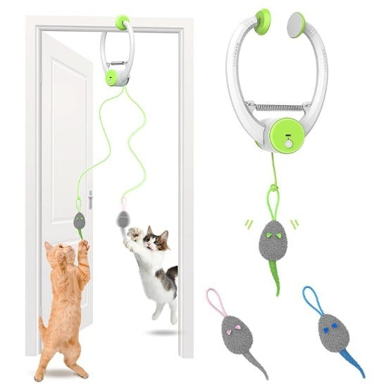 Battery powered interactive cat toy with colorful hanging mouse for indoor play and exercise on door holders
