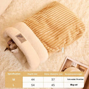 Cozy beige winter sleeping bag with soft plush velvet and lambswool for cats and small dogs under 8kg