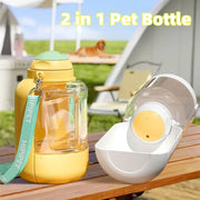 Portable 2-in-1 dog water bottle and food container with integrated bowl for travel and outdoor pet feeding.