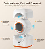Load image into Gallery viewer, Exploded view of smart automatic cat litter box showing safety features like weight sensor, PIR detection, and anti-pinch design.

