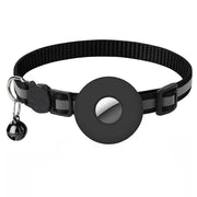 Black reflective adjustable pet collar with bell and Airtag holder for cats and small dogs to prevent loss
