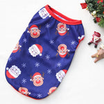 Load image into Gallery viewer, Blue Christmas dog shirt with Santa and reindeer faces and red trim, perfect for holiday pet outfits and costumes.
