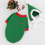 Load image into Gallery viewer, Green and red Christmas dog outfit with reindeer patch and matching green holiday hat with white trim for small to large dogs
