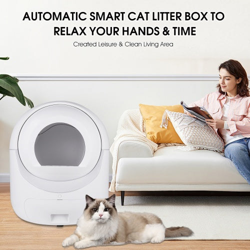 Smart automatic cat litter box with 10L drawer, self-cleaning and app controlled for hassle-free pet care.