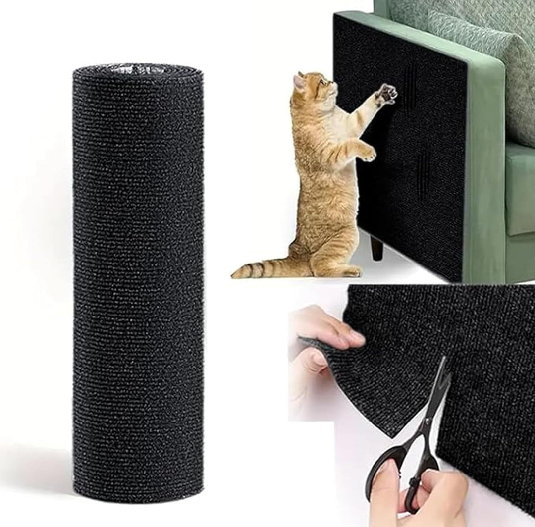 Black roll of DIY self-adhesive cat scratcher carpet pad, trimmable and attached to sofa to protect furniture.