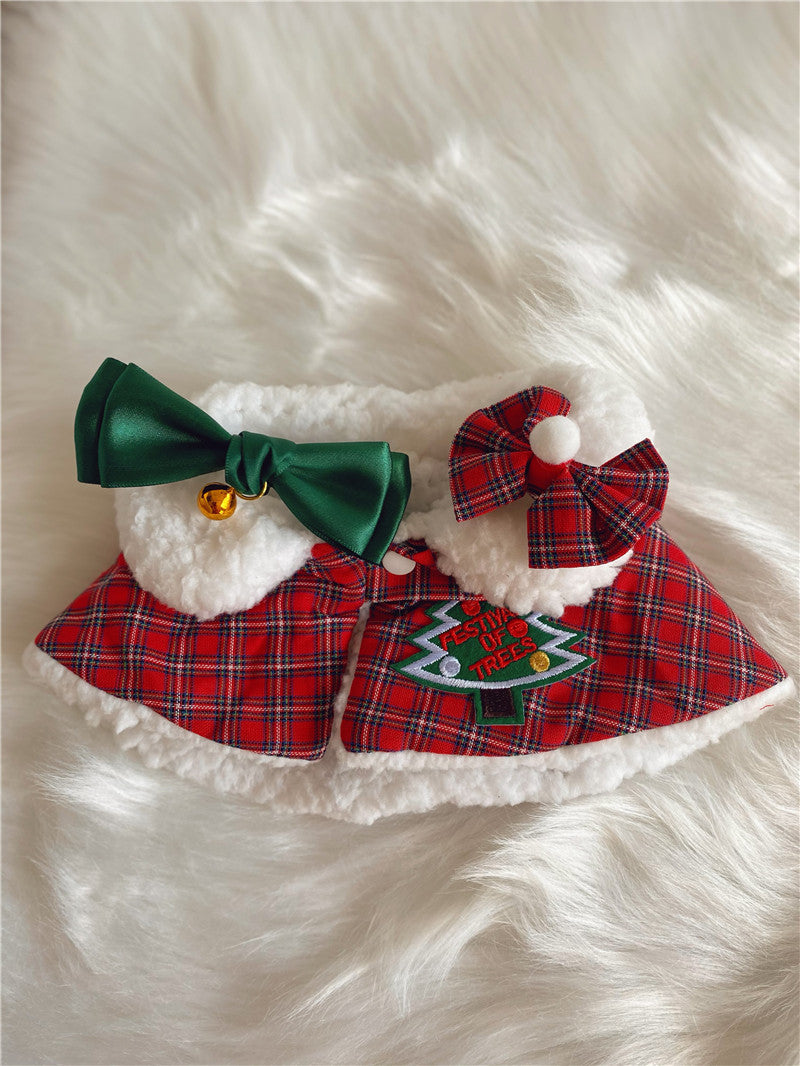 Christmas red plaid cat shawl cloak with white fur trim, bell, green bow, and festive hairpin accessory