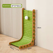 Vertical avocado green sisal cat scratch board with felt guard and hanging pom pom toy on wooden frame