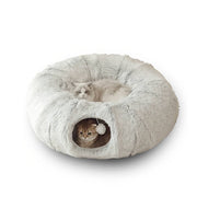 Foldable round plush cat tunnel nest with two cats, soft cozy winter kennel for small pets to rest and hide inside