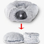 Load image into Gallery viewer, Foldable winter cat tunnel nest made of soft plush, easy to convert between round bed and tunnel for small pets.
