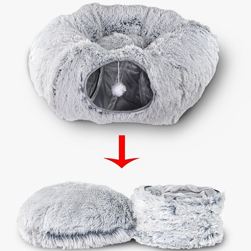 Foldable winter cat tunnel nest made of soft plush, easy to convert between round bed and tunnel for small pets.