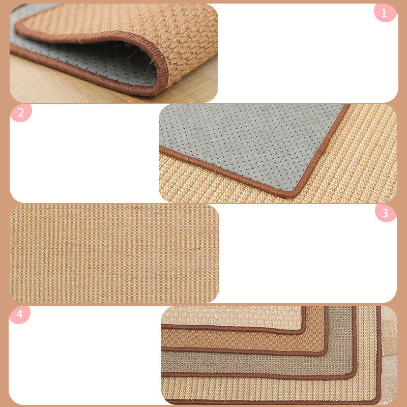 Close up views of a durable sisal cat scratch mat with non-slip backing and stitched edges in natural colors