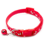 Load image into Gallery viewer, Adjustable red dog and cat collar with white bow print and small bell for holiday and Christmas celebrations
