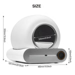 Load image into Gallery viewer, Smart self-cleaning cat litter box with app control, modern design, and dimensions labeled in inches and millimeters.
