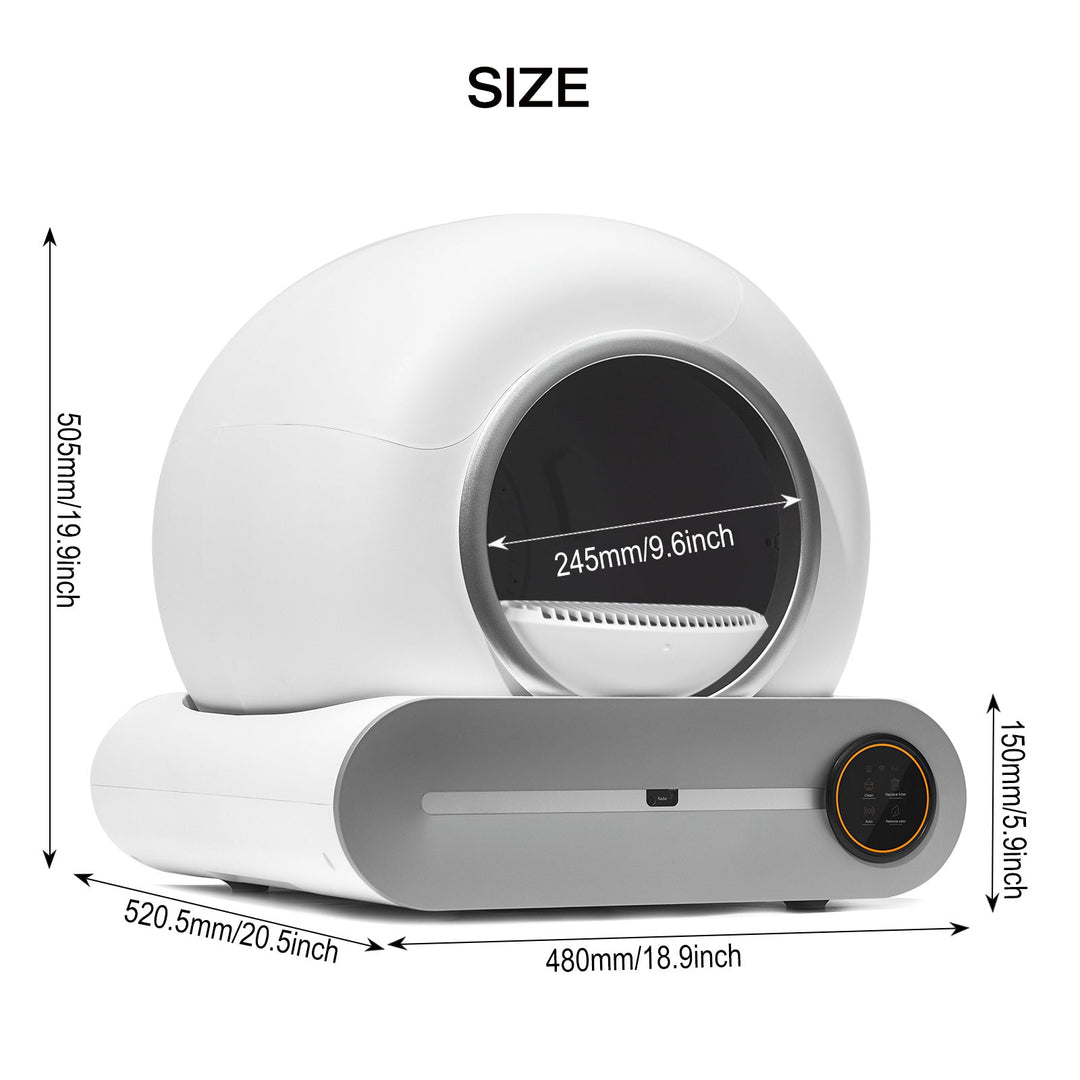 Smart self-cleaning cat litter box with app control, modern design, and dimensions labeled in inches and millimeters.