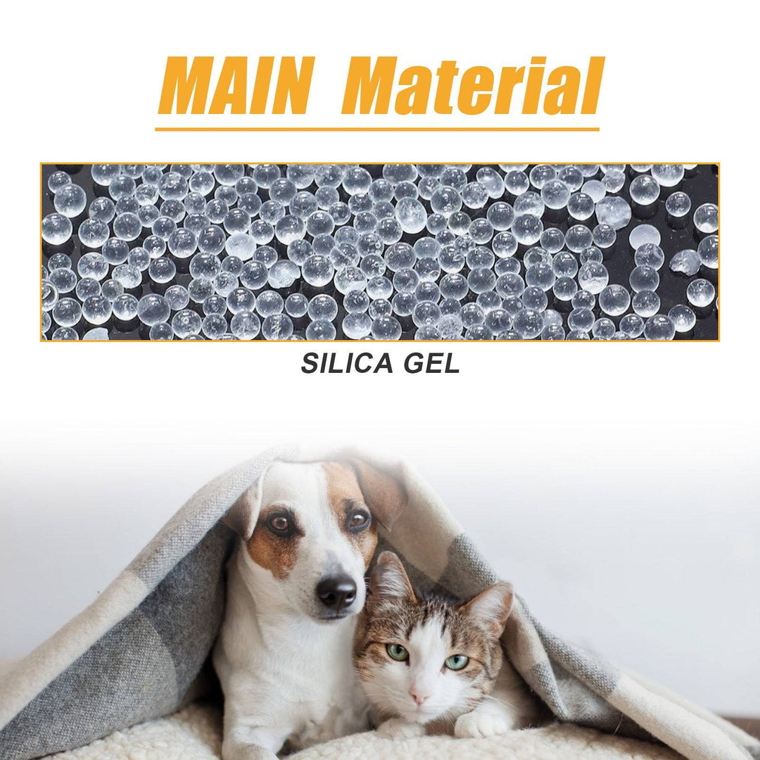 Close-up of silica gel beads and a dog and cat cozy under a blanket representing pet hair remover product material