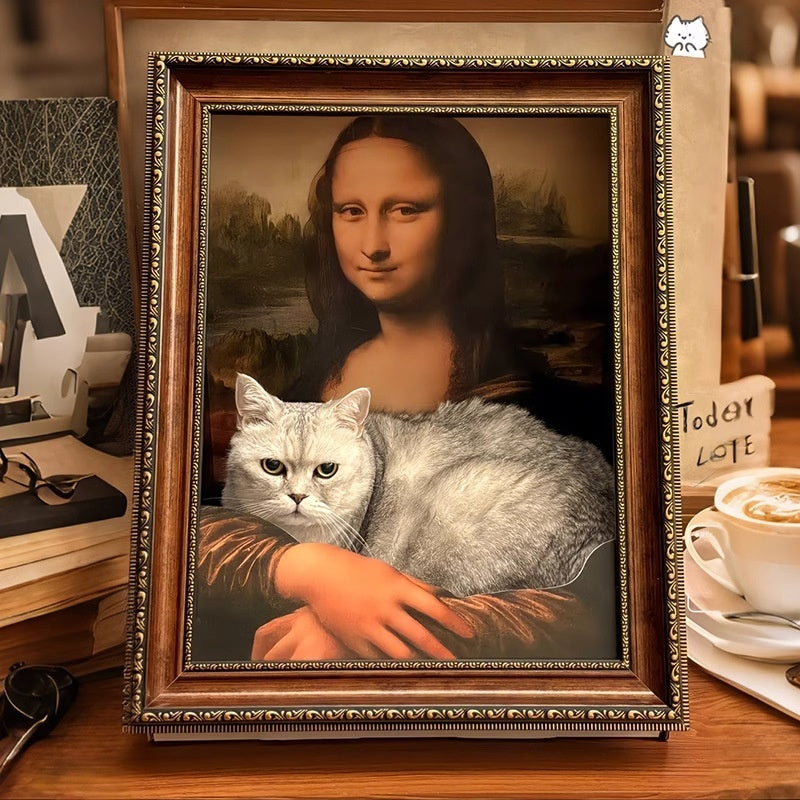 Framed Mona Lisa portrait with a cat lying on her arm, doubling as a funny scratch board and cozy pet bed.