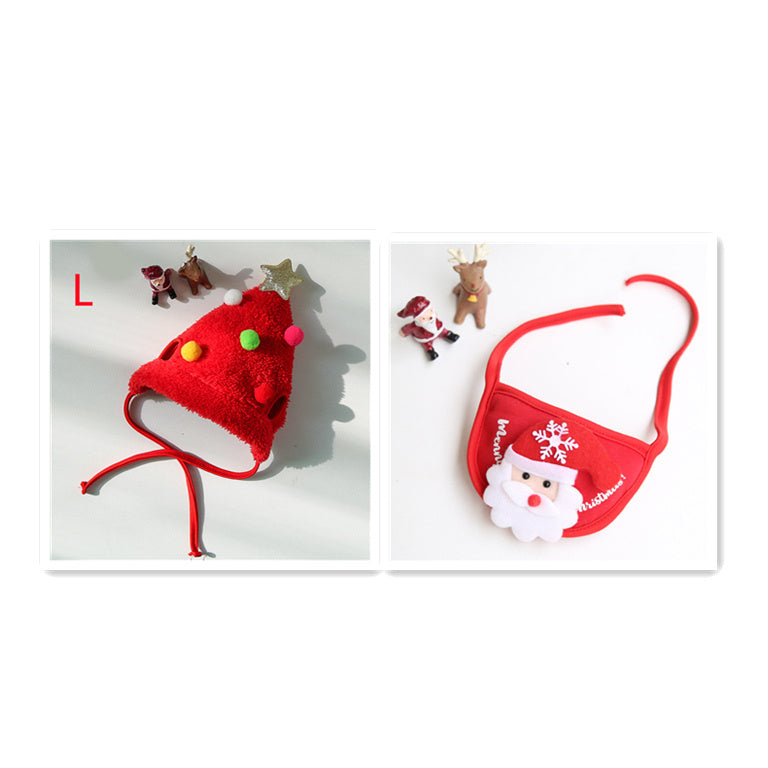 Red dog and cat Christmas hat with pom-poms and adjustable Santa bib for festive pet costumes