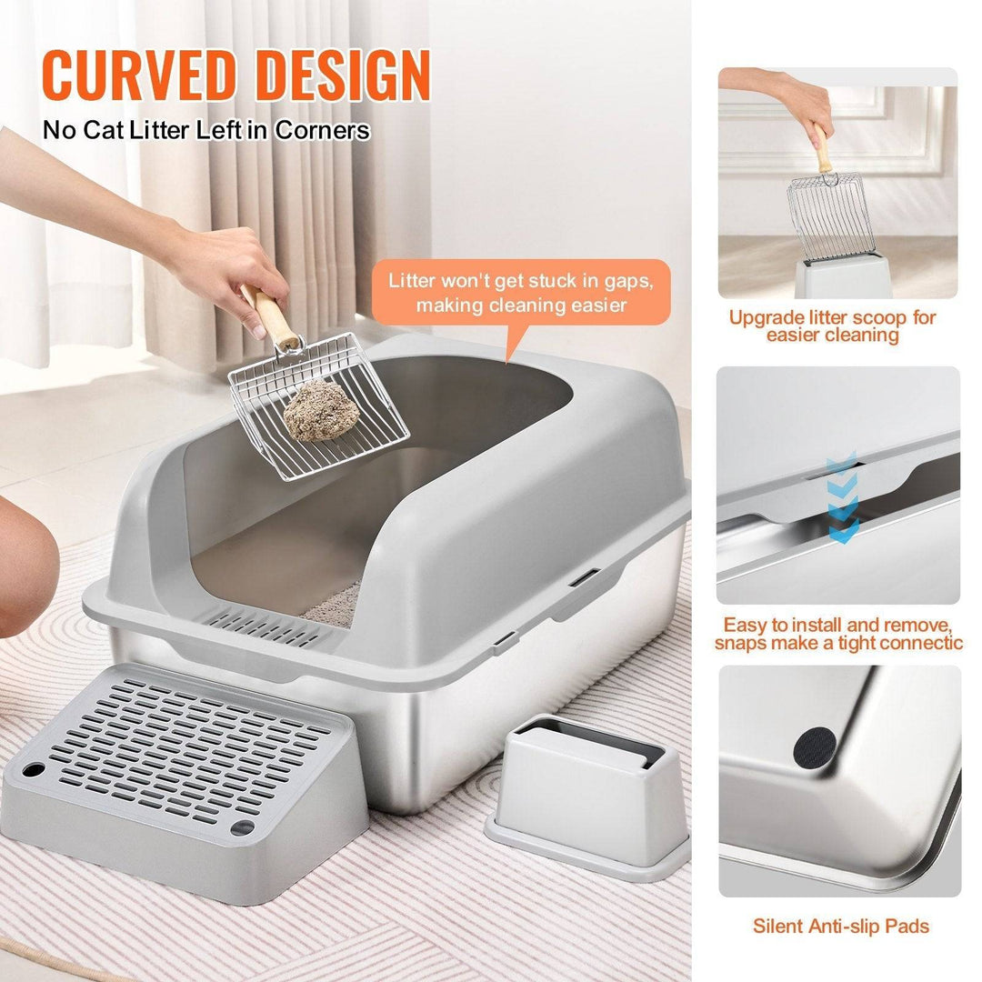 6-inch deep cat litter box with curved design, odor control, filtering foot board, silent anti-slip pads, and easy cleaning features