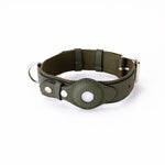 Load image into Gallery viewer, Adjustable olive green leather pet collar with protective Airtag cover for cats and dogs, featuring metal buckle and D-ring.
