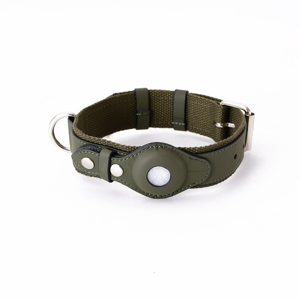Adjustable olive green leather pet collar with protective Airtag cover for cats and dogs, featuring metal buckle and D-ring.