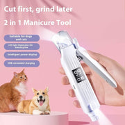 Handheld 2-in-1 pet nail scissors and grinder with LED light and digital display, suitable for dogs and cats.