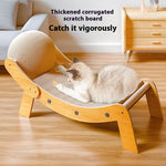Load image into Gallery viewer, Cat using a wooden recliner cat scratcher toy with thickened corrugated scratch board and ball accessory.
