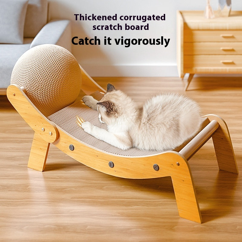 Cat using a wooden recliner cat scratcher toy with thickened corrugated scratch board and ball accessory.