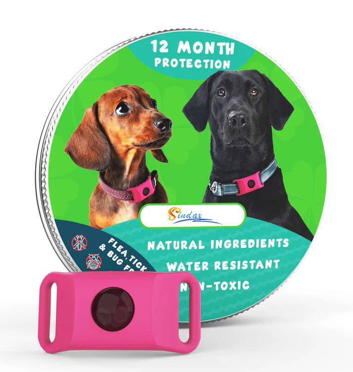 Pink waterproof flea collar pendant with 12-month protection for dogs and cats, made from non-toxic, natural ingredients.