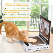 Orange tabby cat scratching durable corrugated cardboard cat scratcher shaped like a computer on a table near a window.