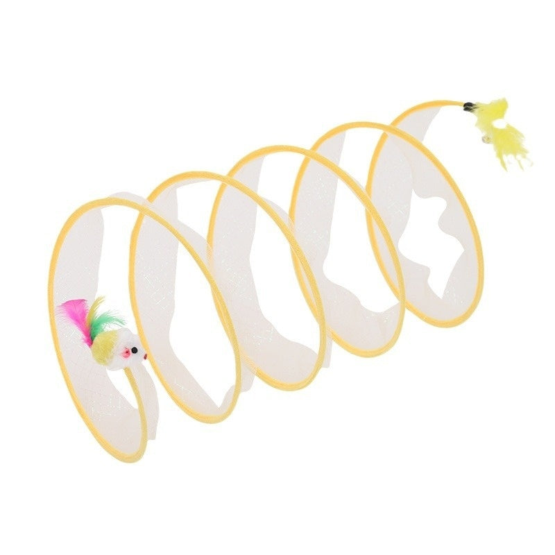 Collapsible S type cat tunnel toy with attached mouse and feather for interactive play with kittens and cats indoors or outdoors