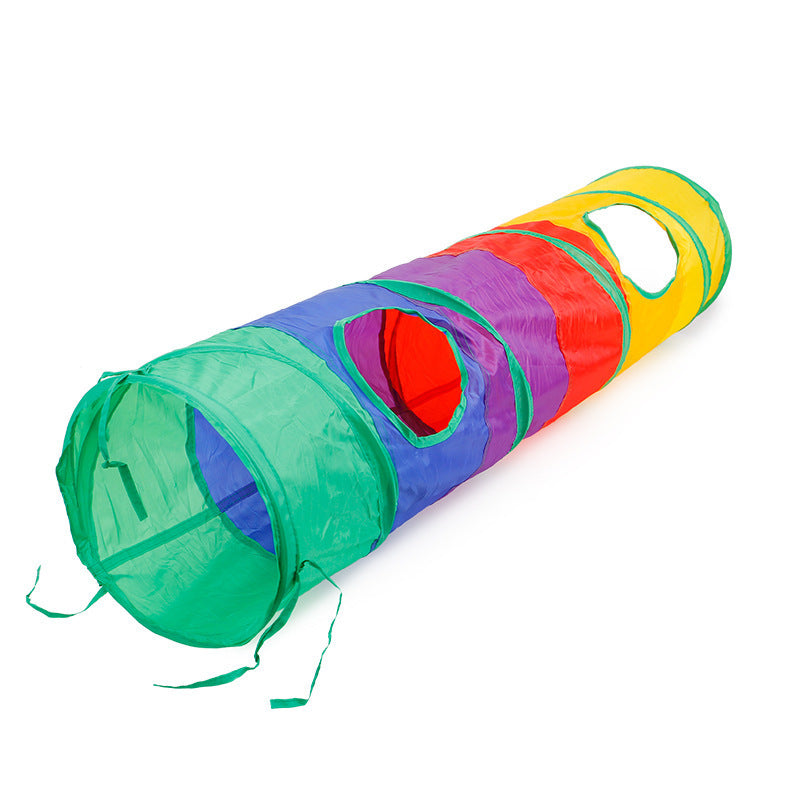 Colorful foldable rainbow cat tunnel with multiple openings for interactive play and exploration by cats.