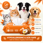 Load image into Gallery viewer, Waterless pet bath wipes infographic: hypoallergenic, deodorizing, coconut scented, 100 count